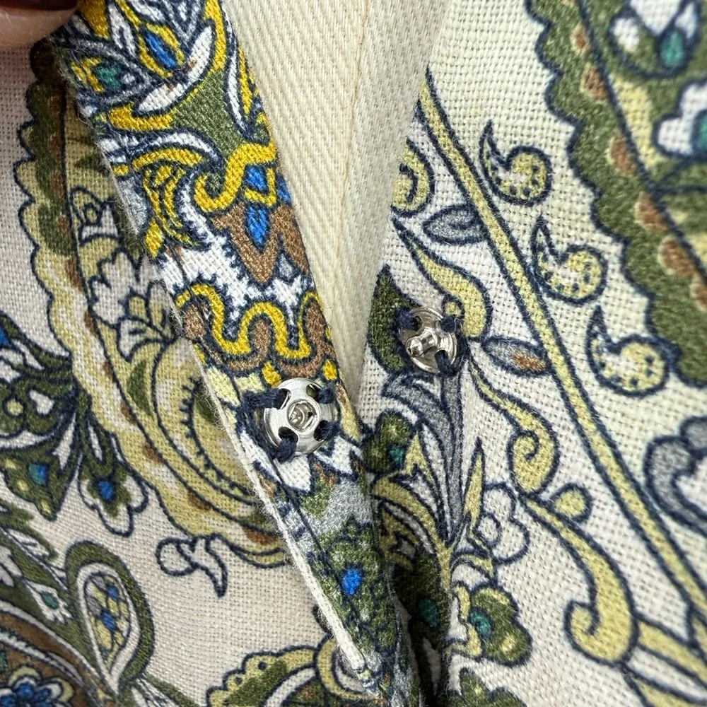Magaschoni Sophisticated Paisley Belted Wrap Dress – Navy Gold Long Sleeve Midi - Picture 15 of 17